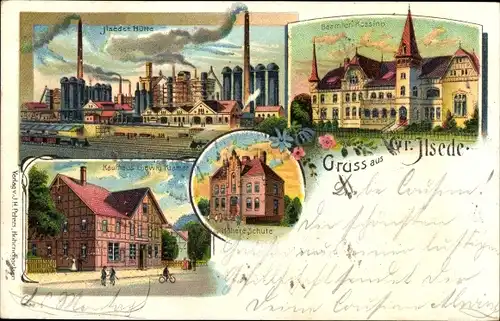 Litho Ilsede in Niedersachsen, Hütte, Kaufhaus Ludwig Kramer, Höhere Schule, Beamten Kasino