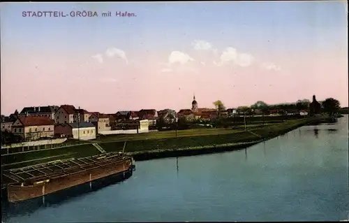 Ak Gröba Riesa an der Elbe Sachen, Blick auf den Ort mit Hafen