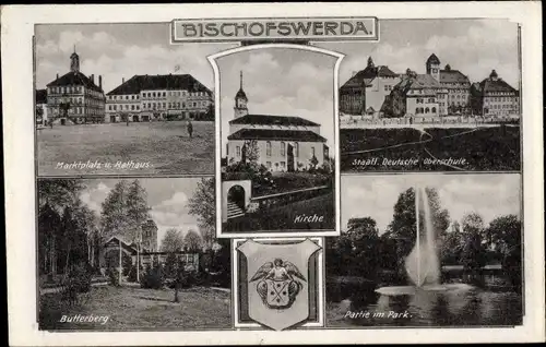 Wappen Ak Bischofswerda in Sachsen, Marktplatz, Rathaus, Kirche, Butterberg, Park, Oberschule