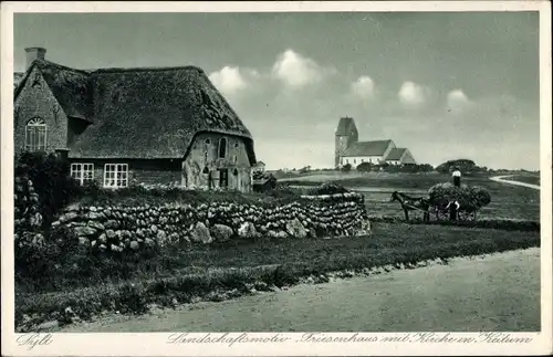 Ak Keitum auf Sylt, Landschaftsmotiv Friesenhaus mit Kirche