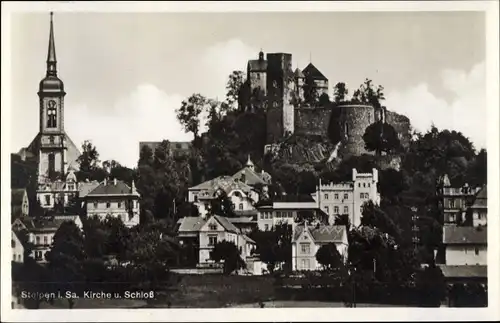 Ak Stolpen in Sachsen, Kirche, Schloss, Blick auf den Ort