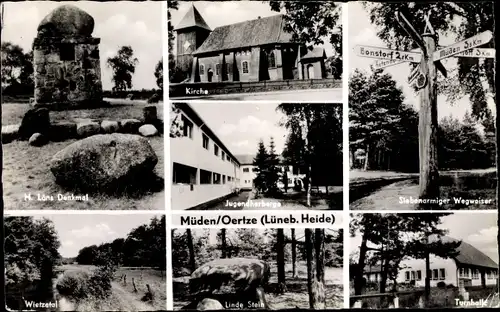 Ak Müden Örtze Faßberg Lüneburger Heide, Löns Denkmal, Kirche, Jugendherberge, Linde Stein