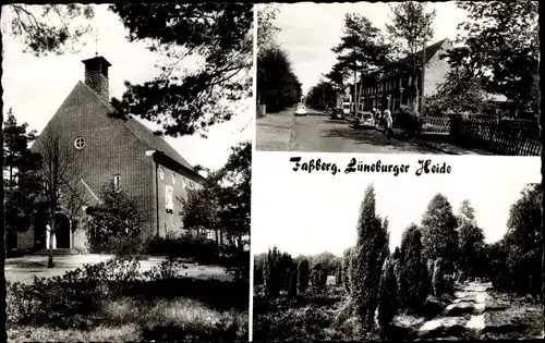 Ak Faßberg Lüneburger Heide, Kirche, Straßenpartie, Waldpartie