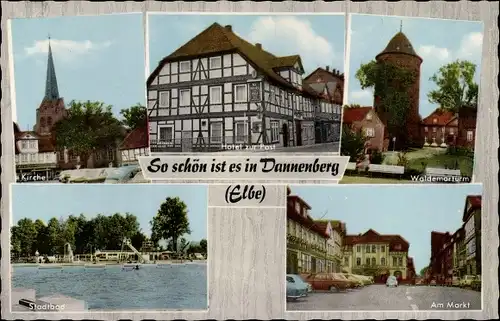 Ak Dannenberg an der Elbe, Kirche, Hotel zur Post, Stadtbad, Am Markt, Waldemarturm