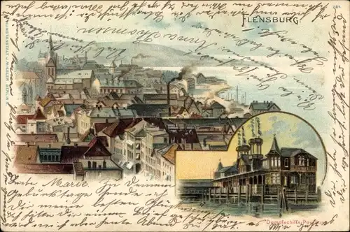 Litho Flensburg in Schleswig Holstein, Dampfschiffspavillon, Blick auf den Ort