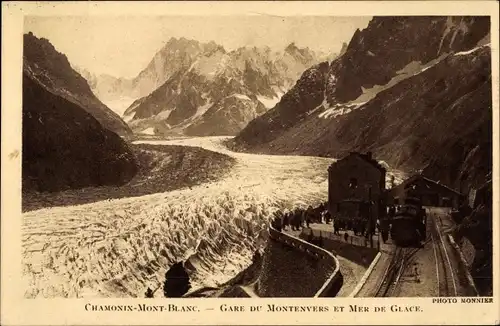 Ak Chamonix Mont Blanc Haute Savoie, Gare du Montenvers et Mer de Glace