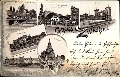 Litho Zwickau in Sachsen, Bahnhof, Hauptmarkt, Moritzkirche, Kaserne, Schwanenschloss