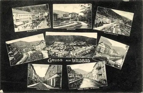 Ak Bad Wildbad im Schwarzwald, Bahnhof, Kurplatz, Villenkolonie, Straßenansichten