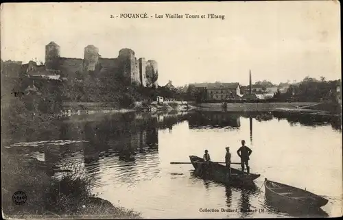 Ak Pouancé Maine et Loire, Les Vieilles Tours et l'Etang