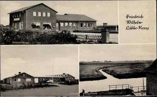 Ak Friedrich Wilhelm Lübke Koog Nordfriesland, Schöpfwerk, Rentoft Krug, Schule