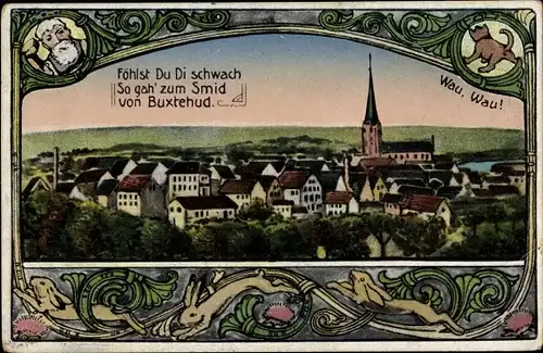 Passepartout Künstler Ak Buxtehude in Niedersachsen, Panorama, Schmied, Hund, Hase
