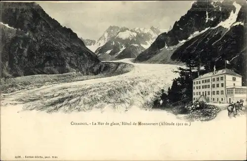 Ak Chamonix Mont Blanc Haute Savoie, La Mer de glace, Hôtel de Montanvert
