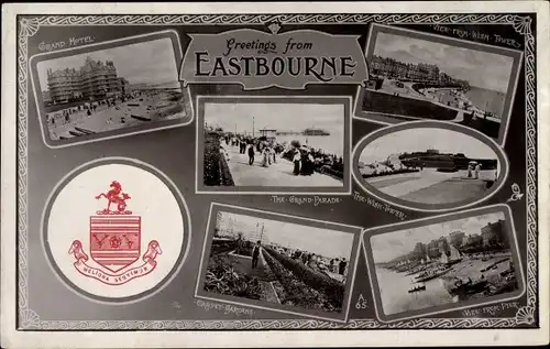 Wappen Ak Eastbourne South East England, Grand Parade, Wish Tower, Pier, Gardens, Grand Hotel