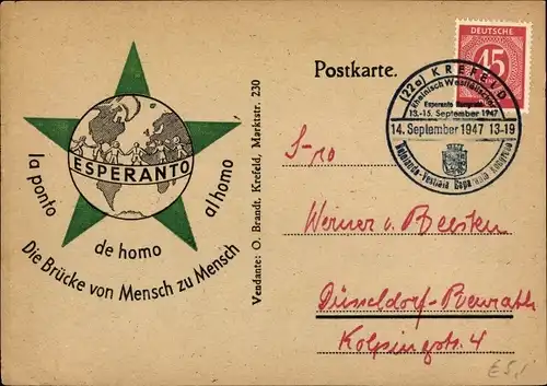 Ak Krefeld am Niederrhein, Esperanto, Die Brücke von Mensch zu Mensch