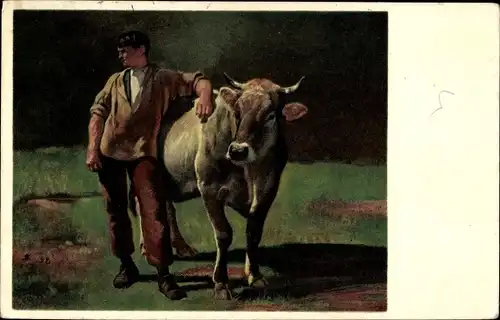Künstler Ak Koller, Rudolf, Schweiz, Mann mit Kuh, Pro Juventute
