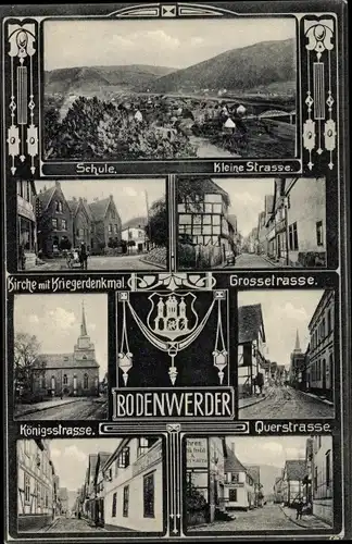 Wappen Passepartout Ak Bodenwerder an der Weser, Schule, Kirche, Kriegerdenkmal, Königsstraße