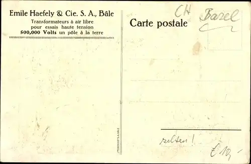 Ak Bâle Basel Stadt Schweiz, Transformateur à air libre, Emile Haefely & Cie. S. A., Innenansicht