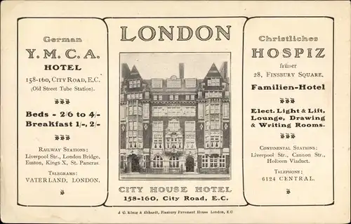 Ak London City, YMCA Hotel, Christliches Hospiz, Finsbury Square, City Road, City House Hotel