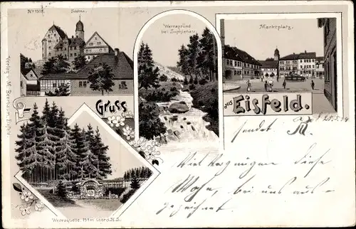 Litho Eisfeld in Thüringen, Marktplatz, Werragrund, Schloss, Werraquelle