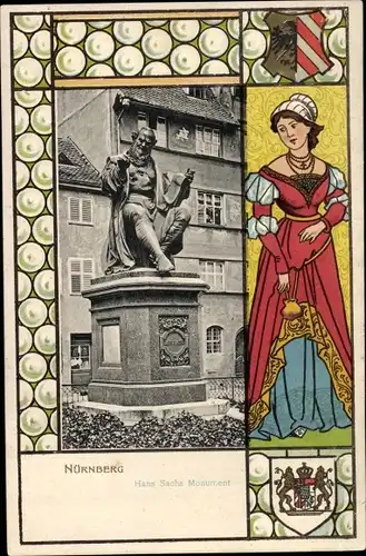 Passepartout Wappen Ak Nürnberg in Mittelfranken Bayern, Hans Sachs Denkmal