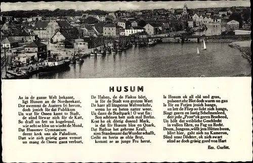 Ak Husum in Nordfriesland, Blick auf den Ort, Gedicht von Em. Gurlitt, As in die ganze Welt bekannt