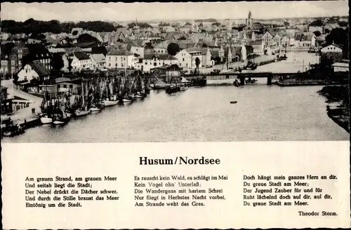 Ak Husum in Nordfriesland, Blick auf den Ort, Gedicht von Theodor Storm, Am grauen Strand