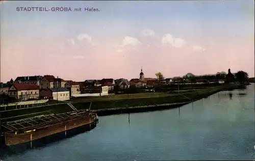 Ak Gröba Riesa an der Elbe Sachen, Blick auf den Ort mit Hafen