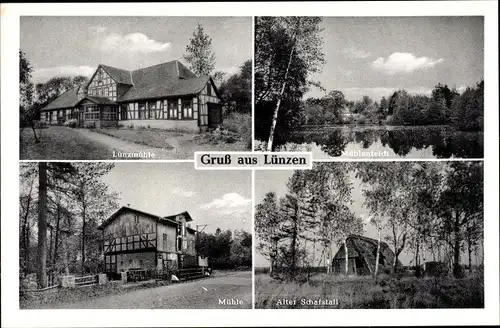 Ak Lünzen Schneverdingen in Niedersachsen, Lünzmühle, Mühlenteich, Mühle, alter Schafstall