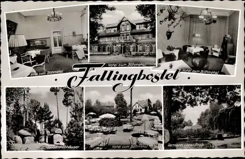 Ak Bad Fallingbostel Lüneburger Heide, Hotel zum Böhmetal, Terrasse, Siebensteinhäuser, H. Löns Grab