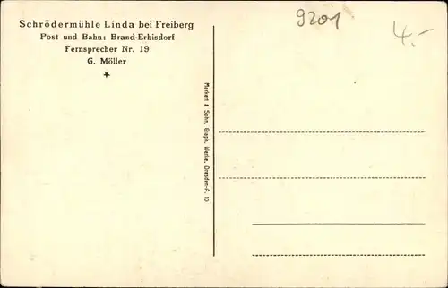 Ak Linda Brand Erbisdorf Sachsen, Schrödermühle, Inh. G. Möller