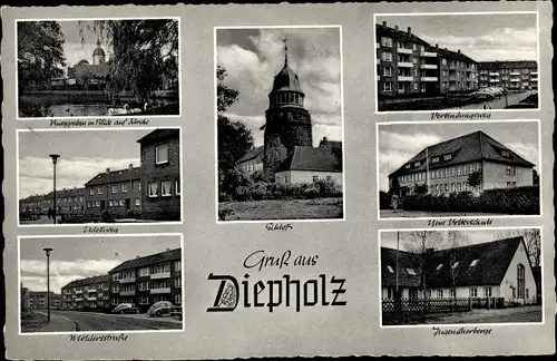 Ak Diepholz in Niedersachsen, Schloss, Volksschule, Jugendherberge, Kirche, Verbindungsweg