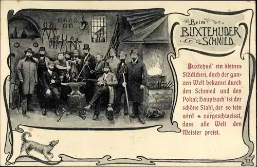 Passepartout Ak Buxtehude in Niedersachsen, Gruppenbild Schmied, Amboss, Hund