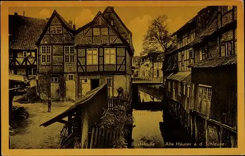 Ak Buxtehude in Niedersachsen, Alte Häuser an der Schleuse