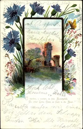 Litho Burgruine, Kornblumen, Schmetterling