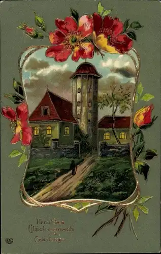 Präge Litho Glückwunsch Geburtstag, Ortschaft, Turm, Blüten