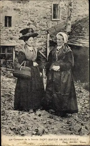 Ak Saint Martin de Belleville Savoie, Costumes de la Savoie, Zwei Damen beim Gespräch