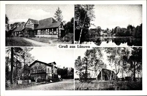 Ak Lünzen Schneverdingen in Niedersachsen, Lünzmühle, Mühlenteich, Mühle, alter Schafstall