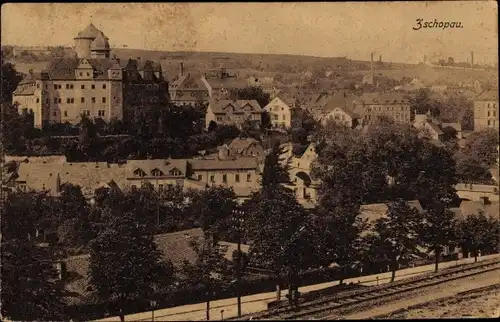 Ak Zschopau im Erzgebirge Sachsen, Teilansicht, Schloss, Gleise