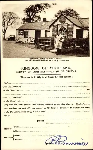 Ak Gretna Green Schottland, Copy of the Marriage Certificate, Blacksmith's Shop