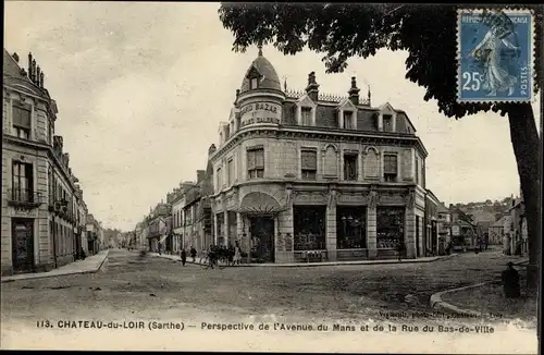 Ak Chateau du Loir Sarthe, Perspective de l'Avenue du Mans et de la Rue du Bas de Ville