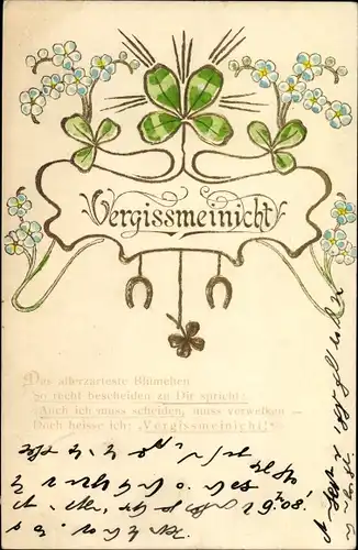 Präge Litho Vergissmeinnicht, Hufeisen, Kleeblätter