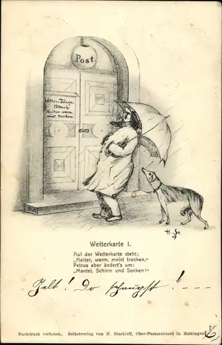 Künstler Ak Wetterkarte, Regnerisches Wetter, Mann mit Regenschirm geht mit Hund Gassi