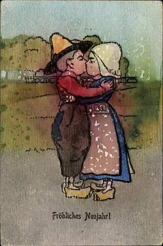 Ak Glückwunsch Neujahr, Junge Menschen am Küssen
