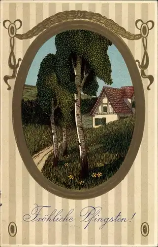 Präge Passepartout Ak Glückwunsch Pfingsten, Birken, Haus in Frühlingslandschaft
