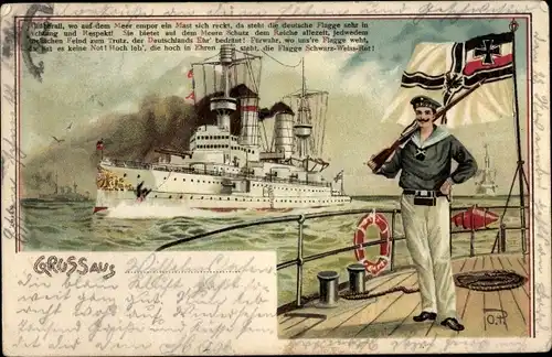 Künstler Litho Deutsches Kriegsschiff, Seemann in Uniform, Fahne