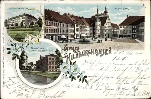 Litho Hildburghausen in Thüringen, Marktplatz, Maschinen und Elektrotechnikerschule, Schlosskaserne