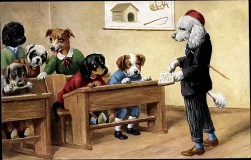 Künstler Ak Hundeschule, Lehrer, Pudel, Dackel, Vermenschlichte Hunde