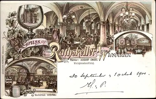 Litho Wiesbaden in Hessen, Gasthaus Ratskeller, Innenansicht, Weingroßhandlung