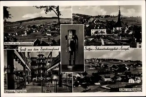 Ak Seiffen Erzgebirge, Ort m. Schwartenberg, Spielzeug Werbeschau, Buntes Haus, Nussknacker, Gasthof