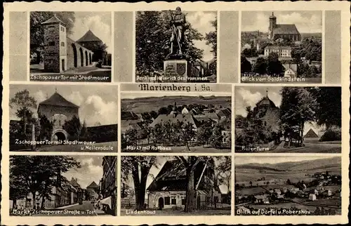 Ak Marienberg im Erzgebirge Sachsen, Denkmal, Zschopauer Tor, Lindenhaus, Roter Turm, Rathaus
